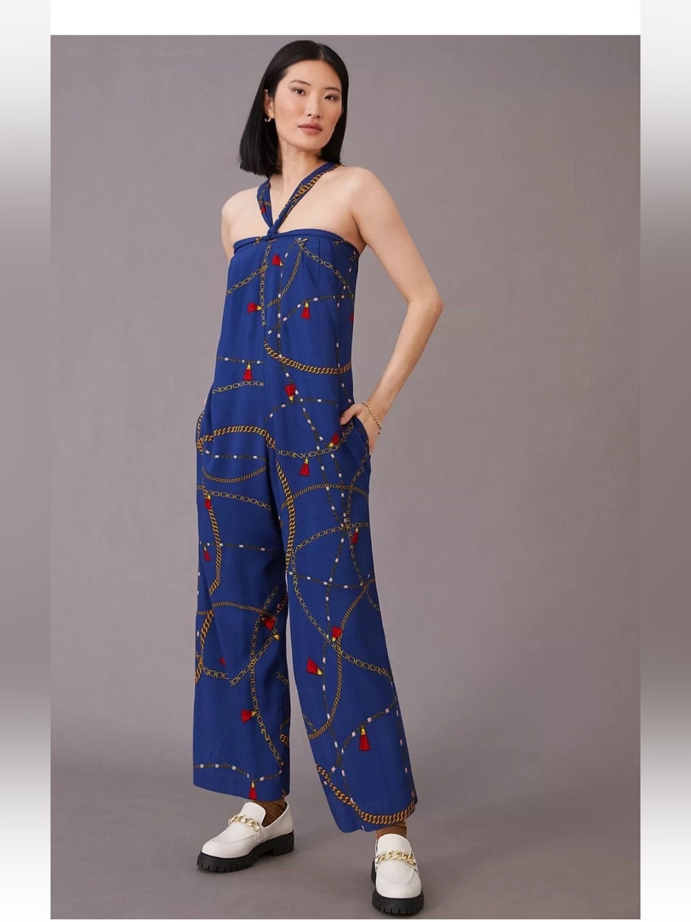 NWT Anthropologie size S jumpsuit in navy blue with chain print